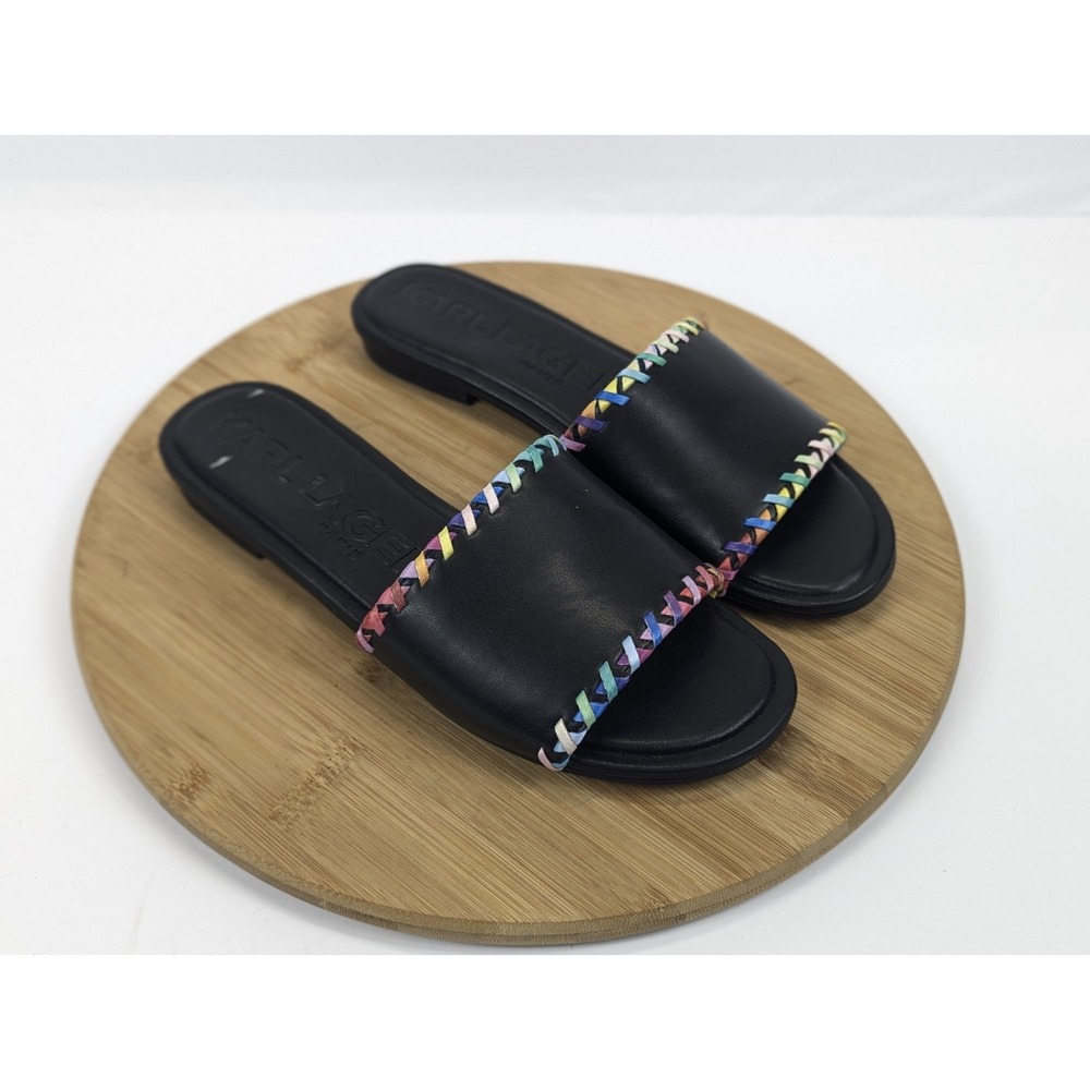 Karl Lagerfeld Sandals Womans 8.5 Black Rainbow Leather Cenie Slip On Slides